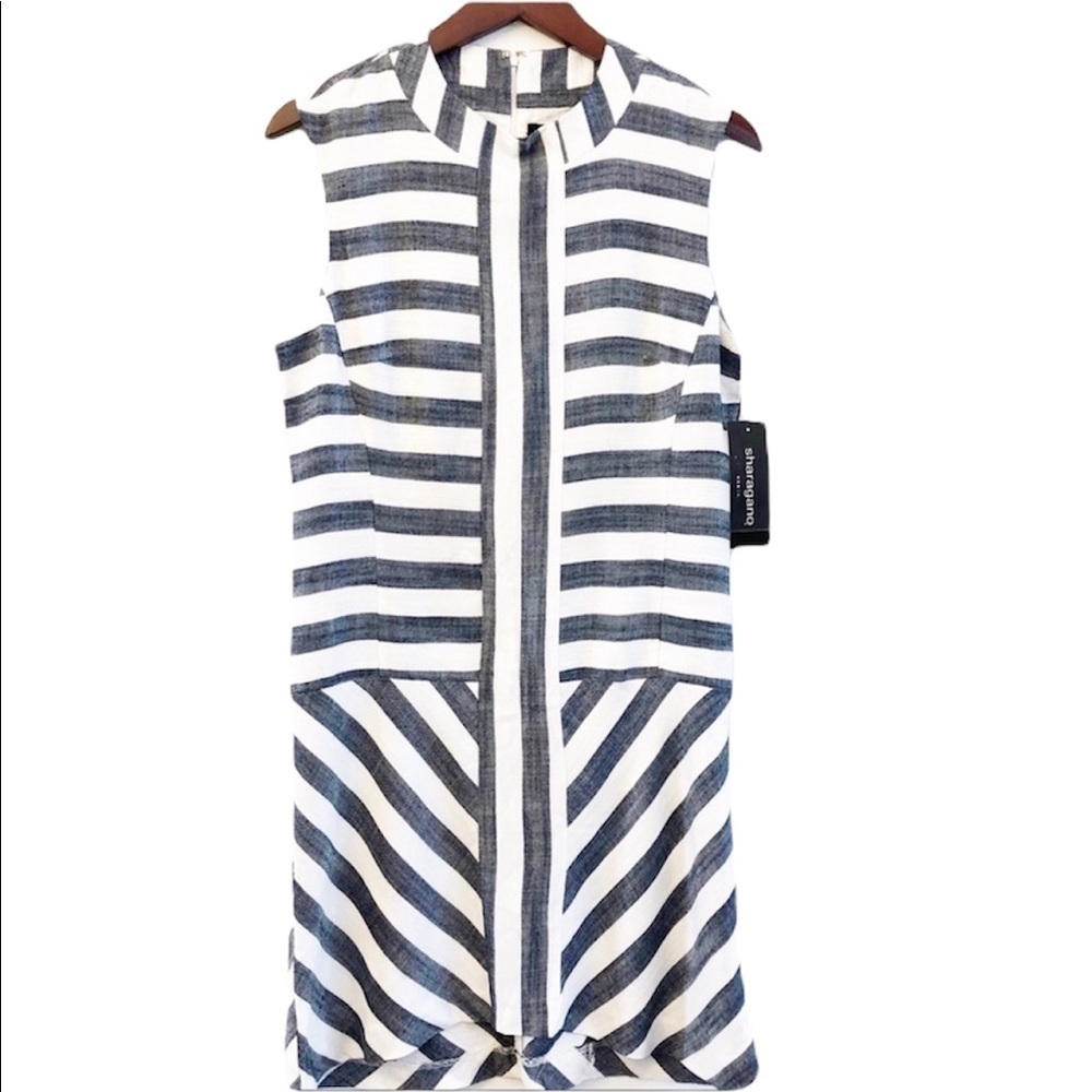 SHARAGANO NWT Sleeveless Striped Zip Dress Size 10 in Navy Blue Stripe